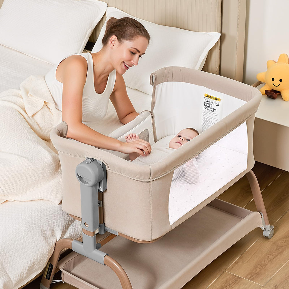 ANGELBLISS bedside sleeper attachment for close proximity during late-night feeds.