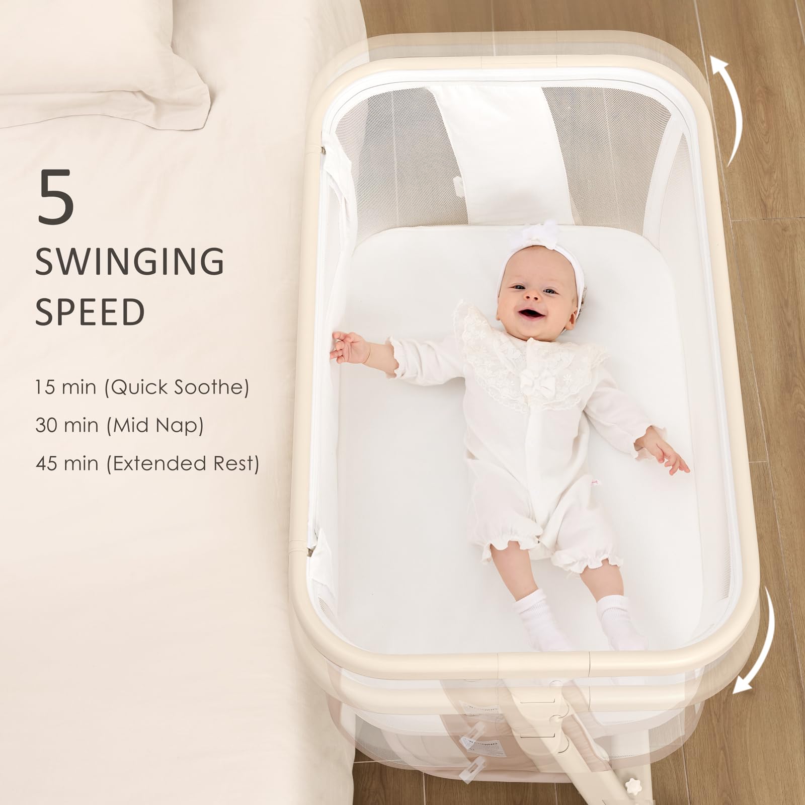 Angelbliss breathable mesh panels ensure airflow and visibility for baby safety.