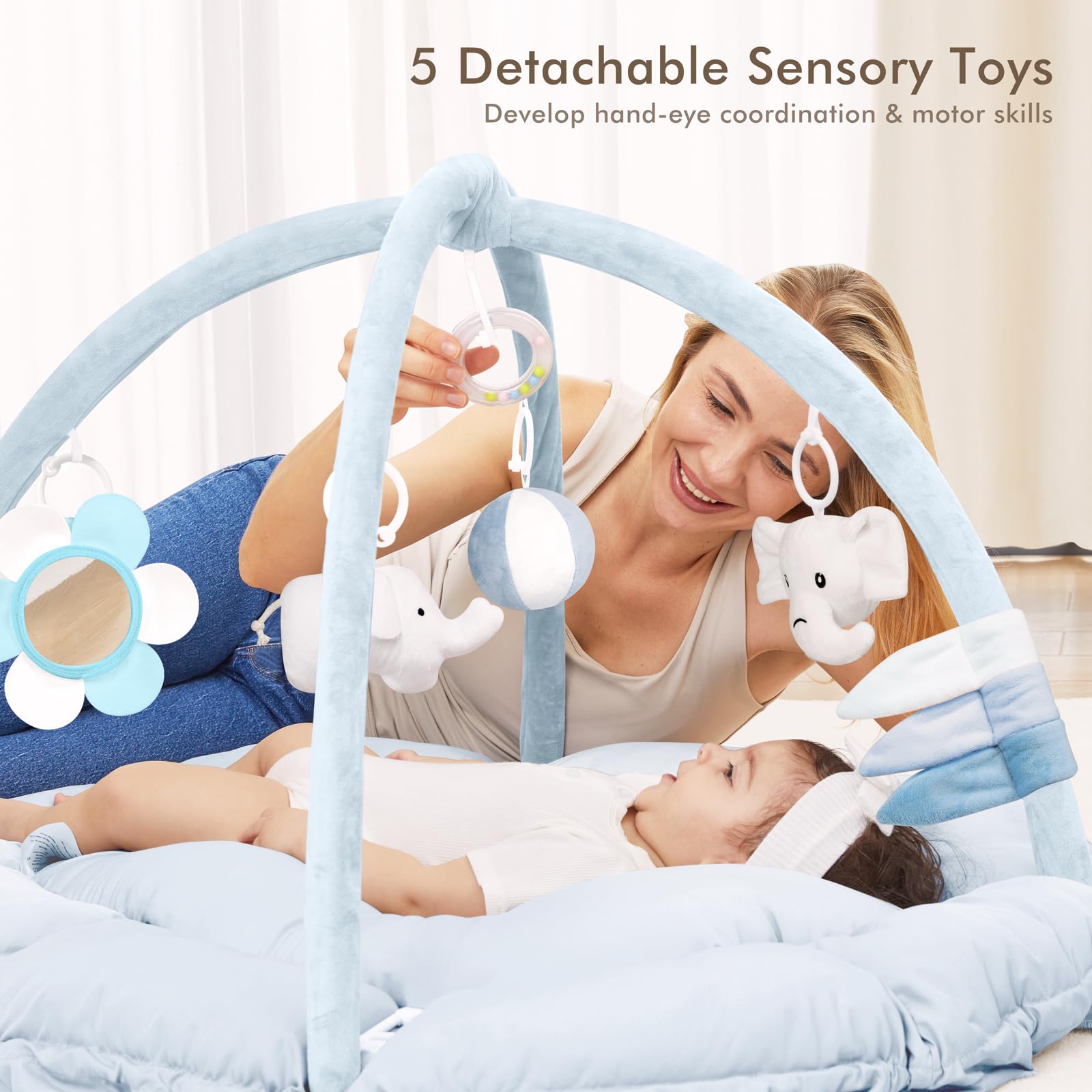 ANGELBLISS detachable toys array shows sensory stimulation to engage vision and touch during playtime.