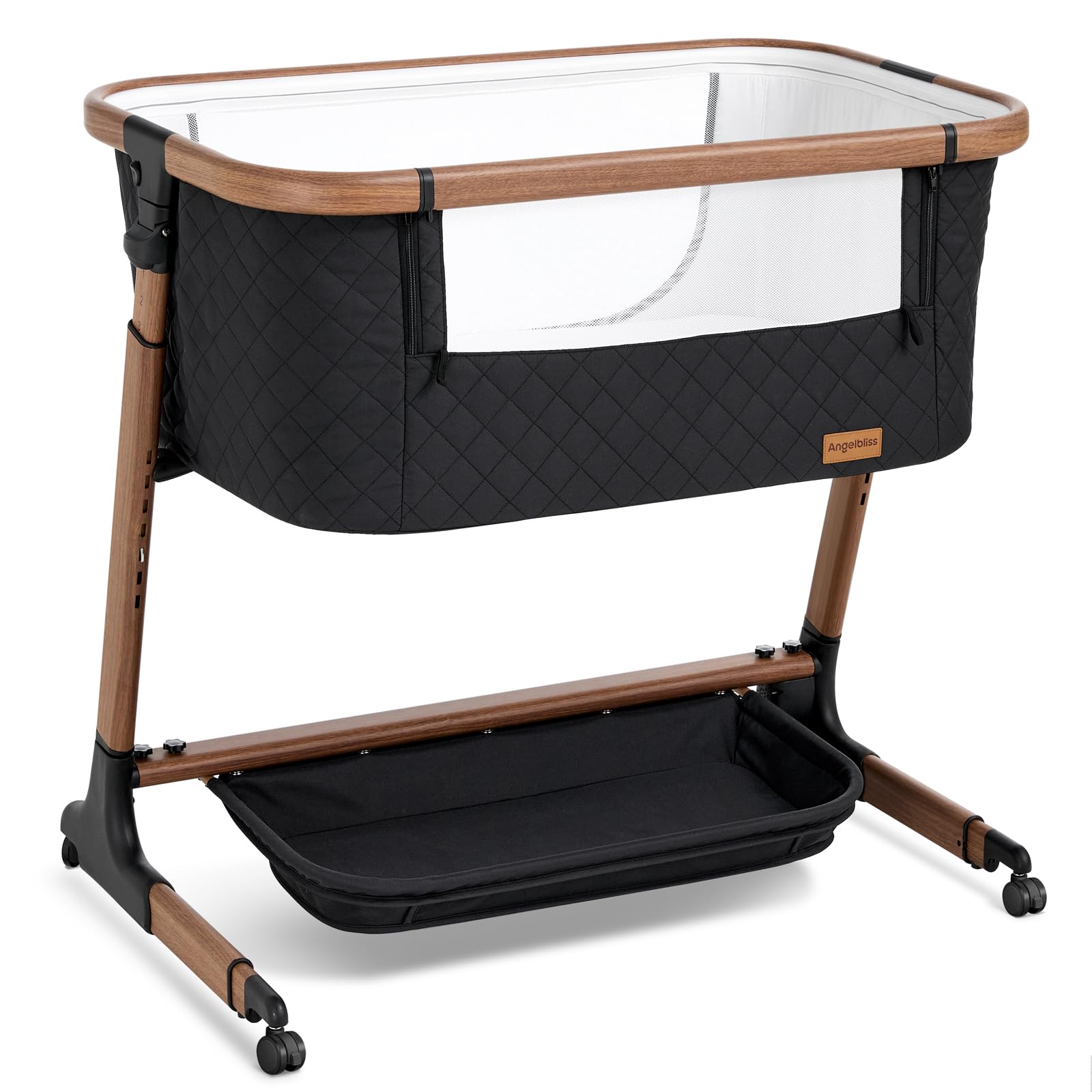 Angelbliss electric smart baby bassinet bedside setup demonstrates secure bed connection for restful nights.