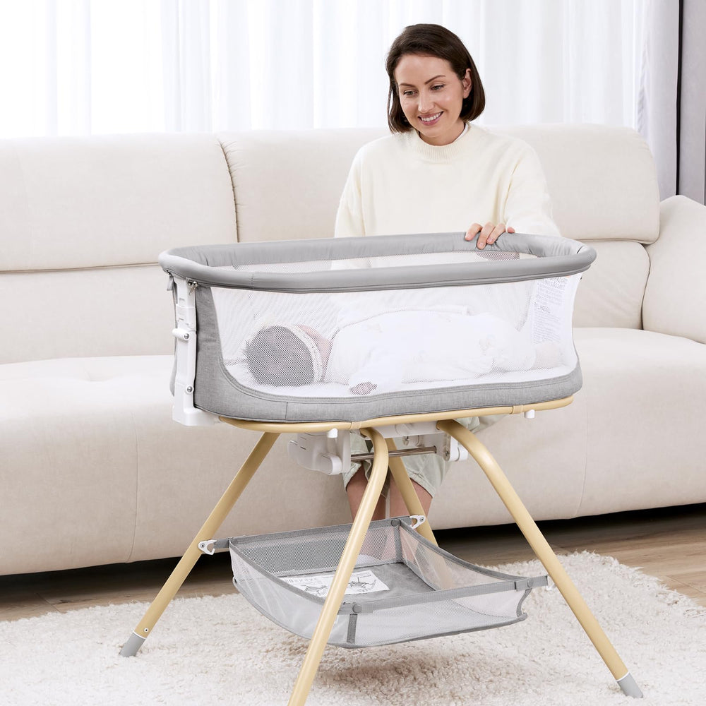 ANGELBLISS-grey-bassinet-setup-closeup shows sturdy frame and breathable fabric.