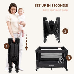 Angelbliss playard wheels enable easy movement around room.