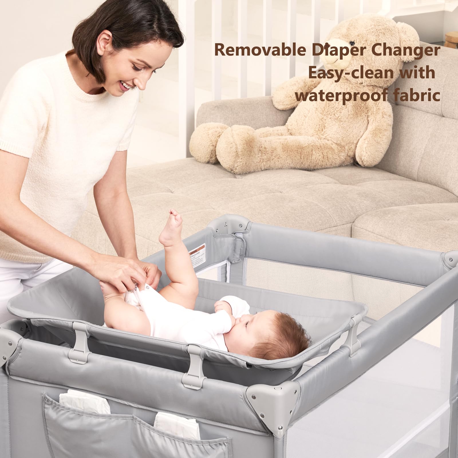 Angelbliss playard wheels enable easy repositioning around home