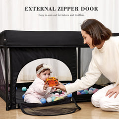 ANGELBLISS playpen carrying bag demonstrates portable, travel-friendly setup.
