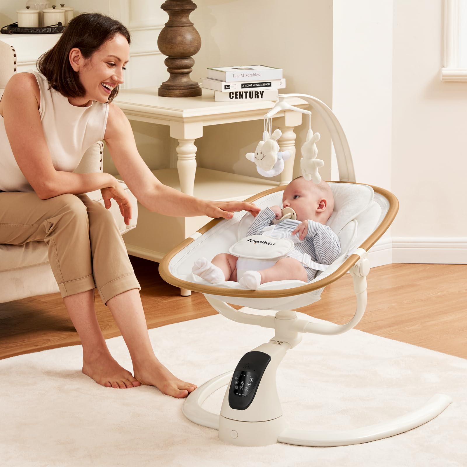 Angelbliss removable toy bar with three plush toys for interactive play
