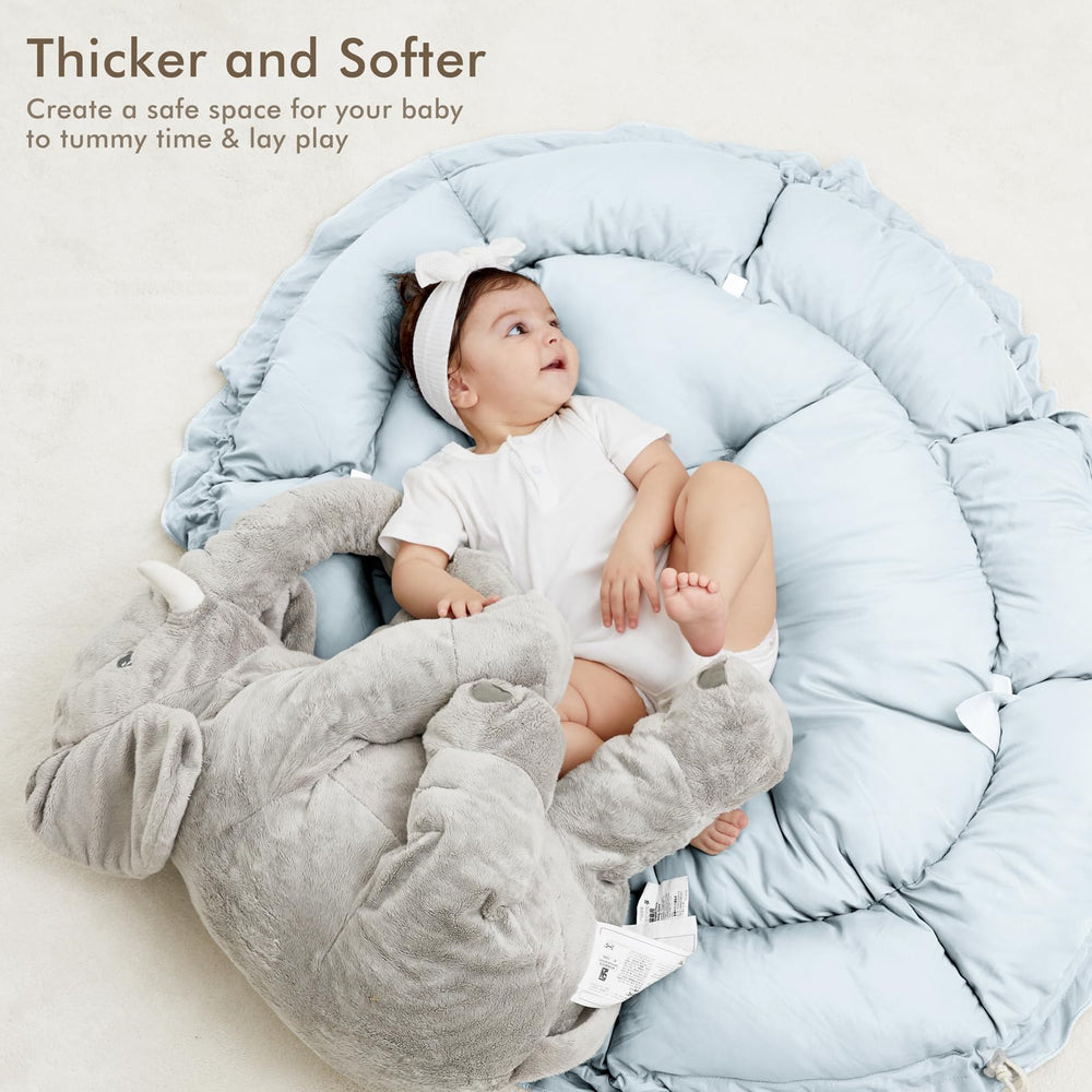 ANGELBLISS reversible tummy-time mat in plush blue demonstrates cozy cushion for comfortable supervised play.