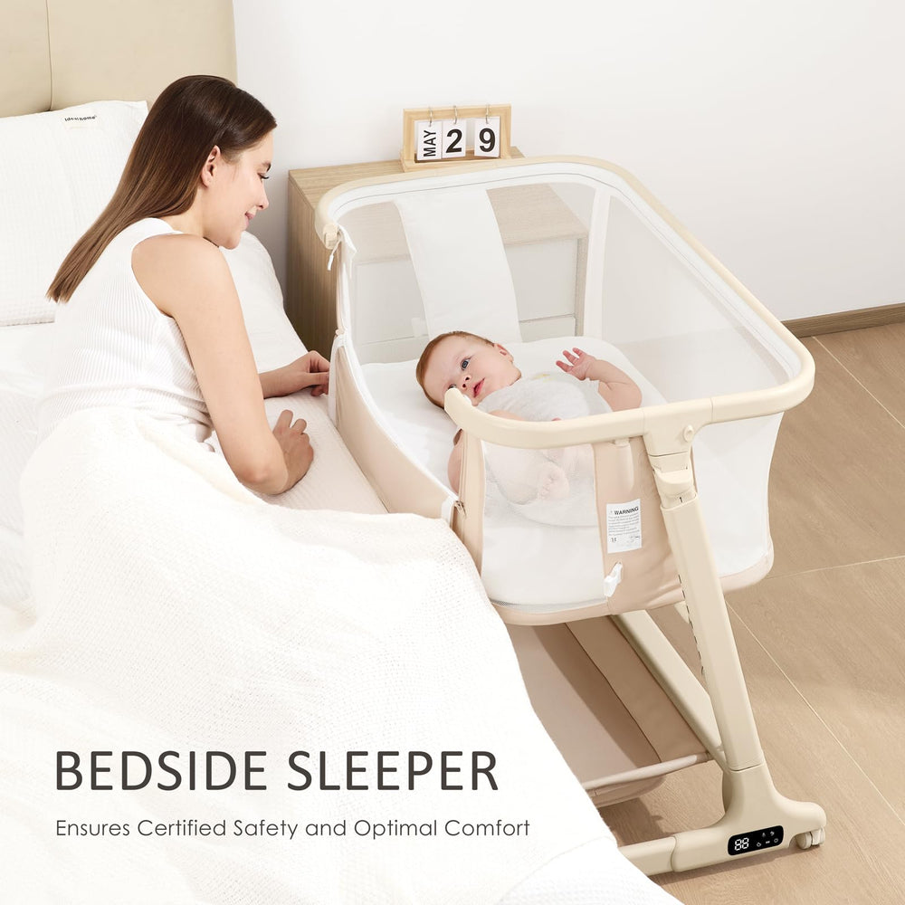 Angelbliss under-bassinet storage keeps diapers and wipes within easy reach.