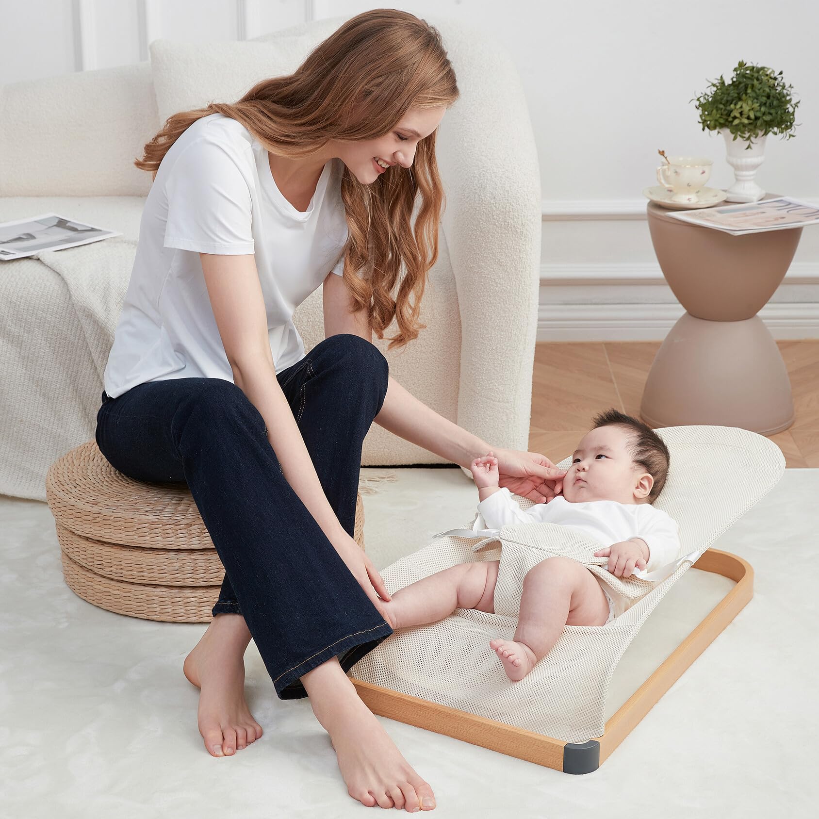 ANGELOGJGT baby bouncer beige mesh for breathable comfort during playtime