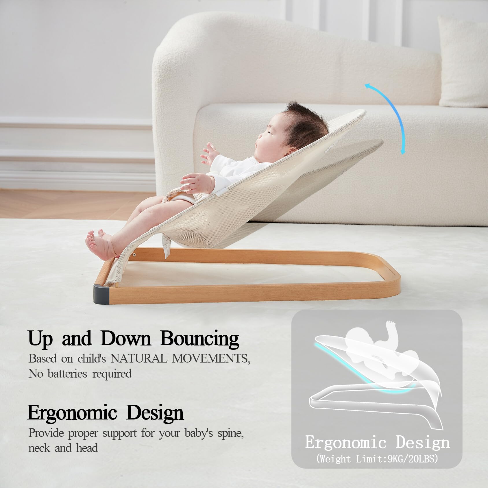 ANGELOGJGT baby bouncer beige safety belts keep infant secure during use