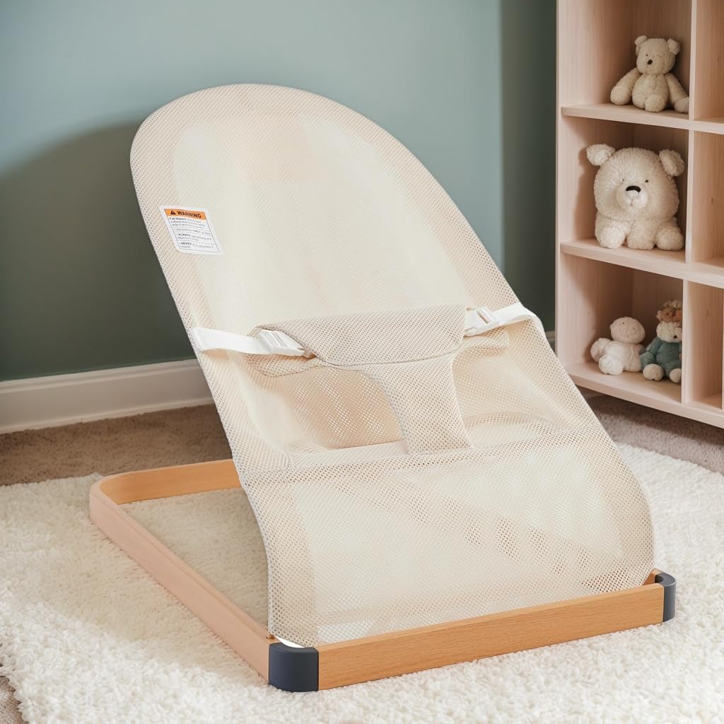 ANGELOGJGT baby bouncer beige seat eases fussy babies with gentle rocking