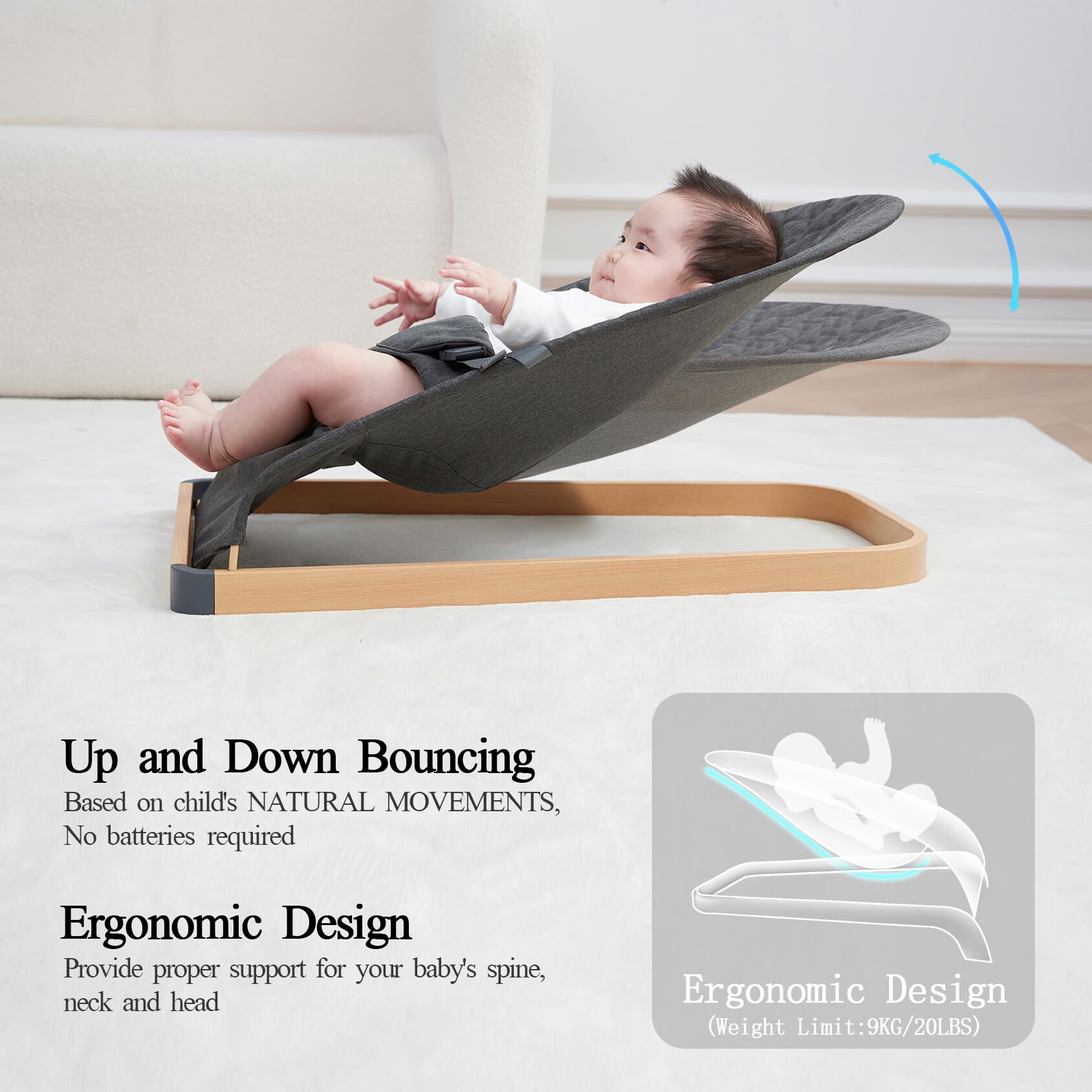 ANGELOGJGT baby bouncer ergonomic seat supports baby's neck and spine comfort.