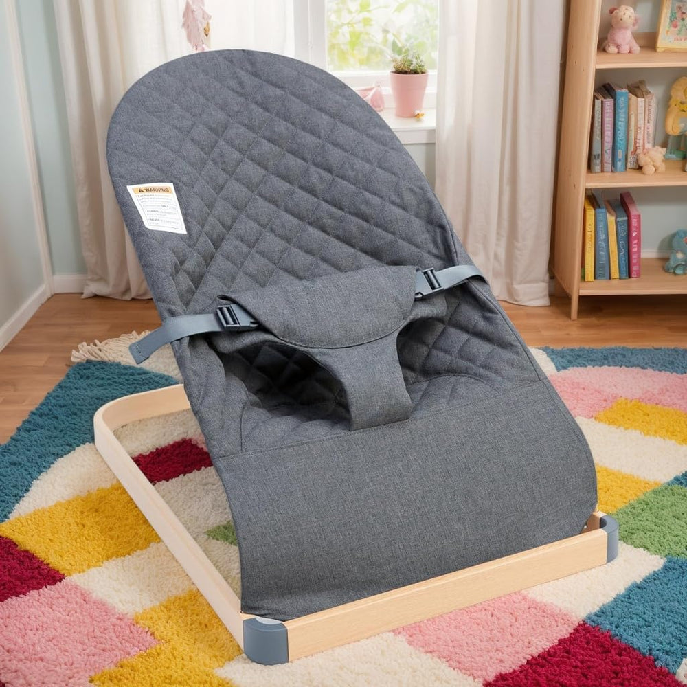 ANGELOGJGT baby bouncer wood-grain base delivers steady support for calm play.