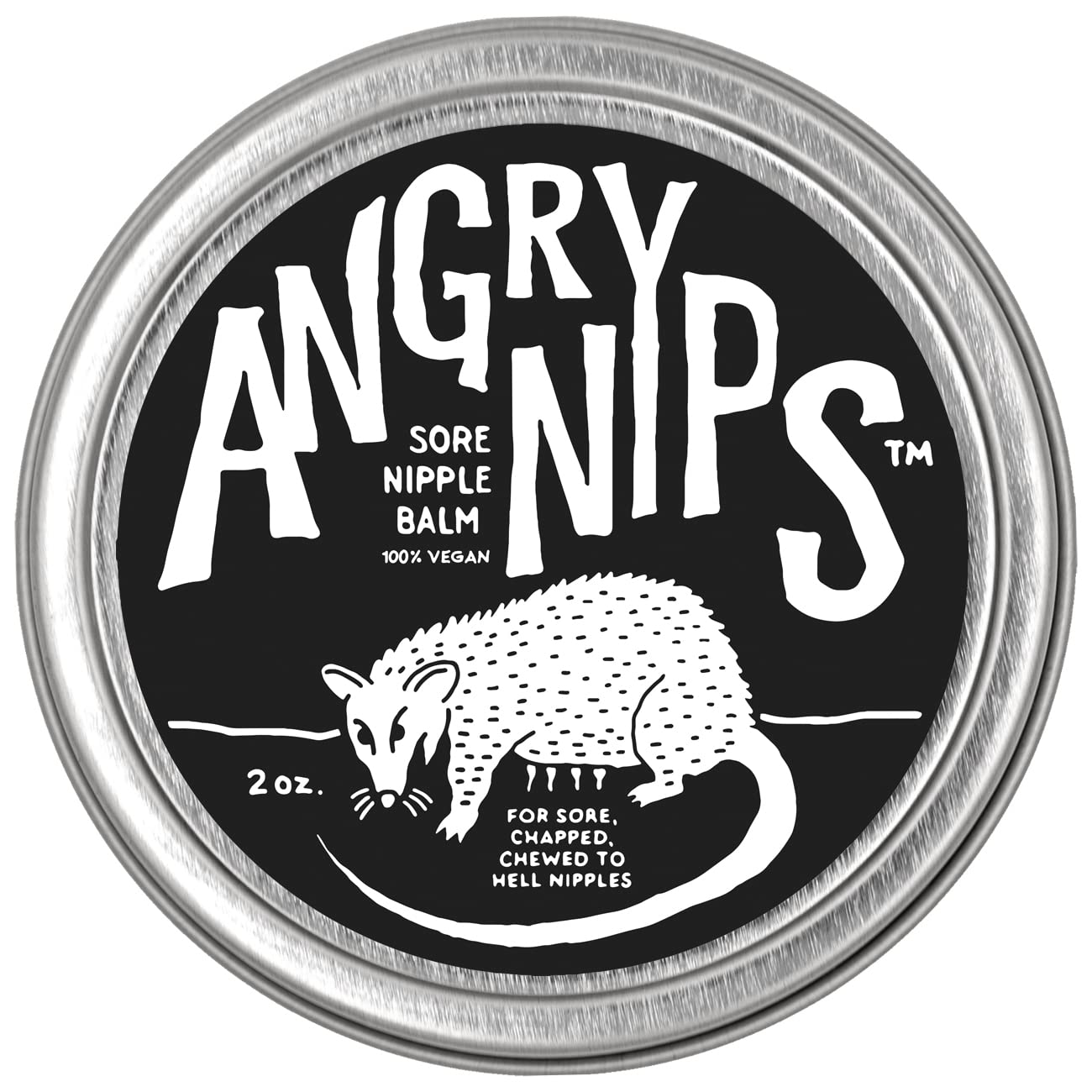 Angry Nips Sore Nipple Balm packaging showcases plant-based comfort for irritated skin.