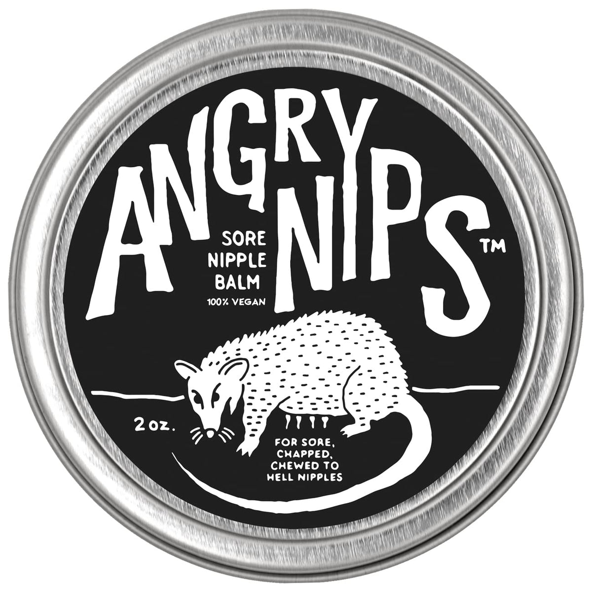 Angry Nips Sore Nipple Balm packaging showcases plant-based comfort for irritated skin.