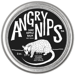 Angry Nips Sore Nipple Balm packaging showcases plant-based comfort for irritated skin.