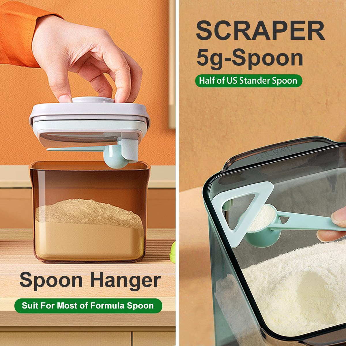 Ankou formula container pop-up lid demonstrates one-handed access for quick refills.