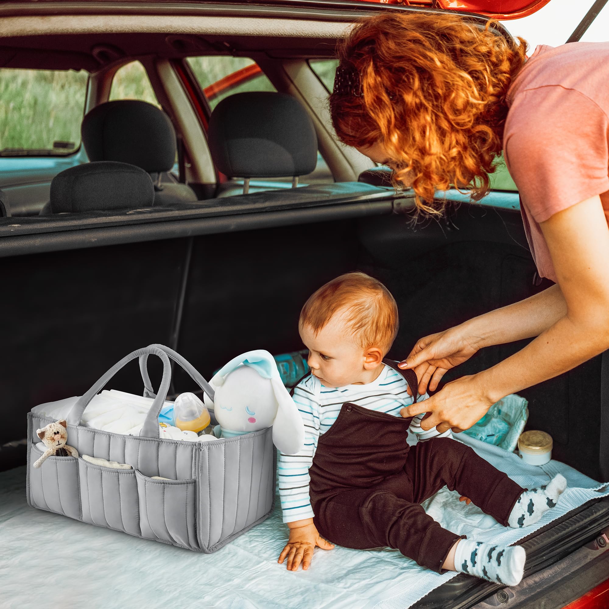 Ankyle Starry Sky Grey Diaper Caddy demonstrates organized nursery essentials at home.