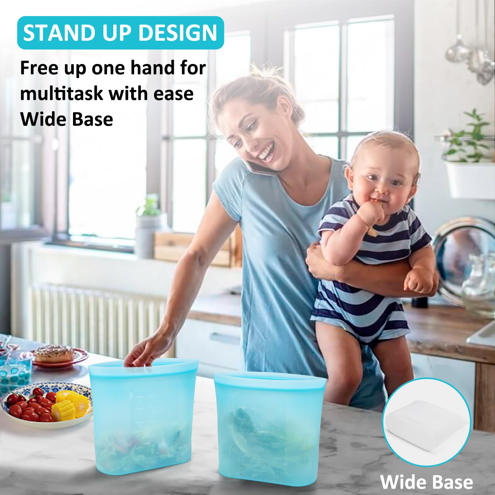 Annaklin four-pack silicone bags for freezer-friendly meal prep and storage.