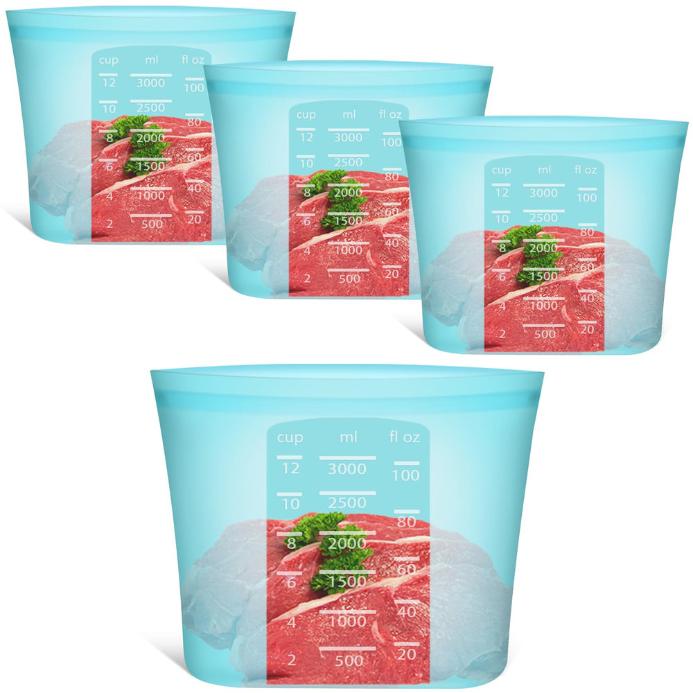Annaklin reusable silicone bags in blue stand-up design for easy countertop organization.