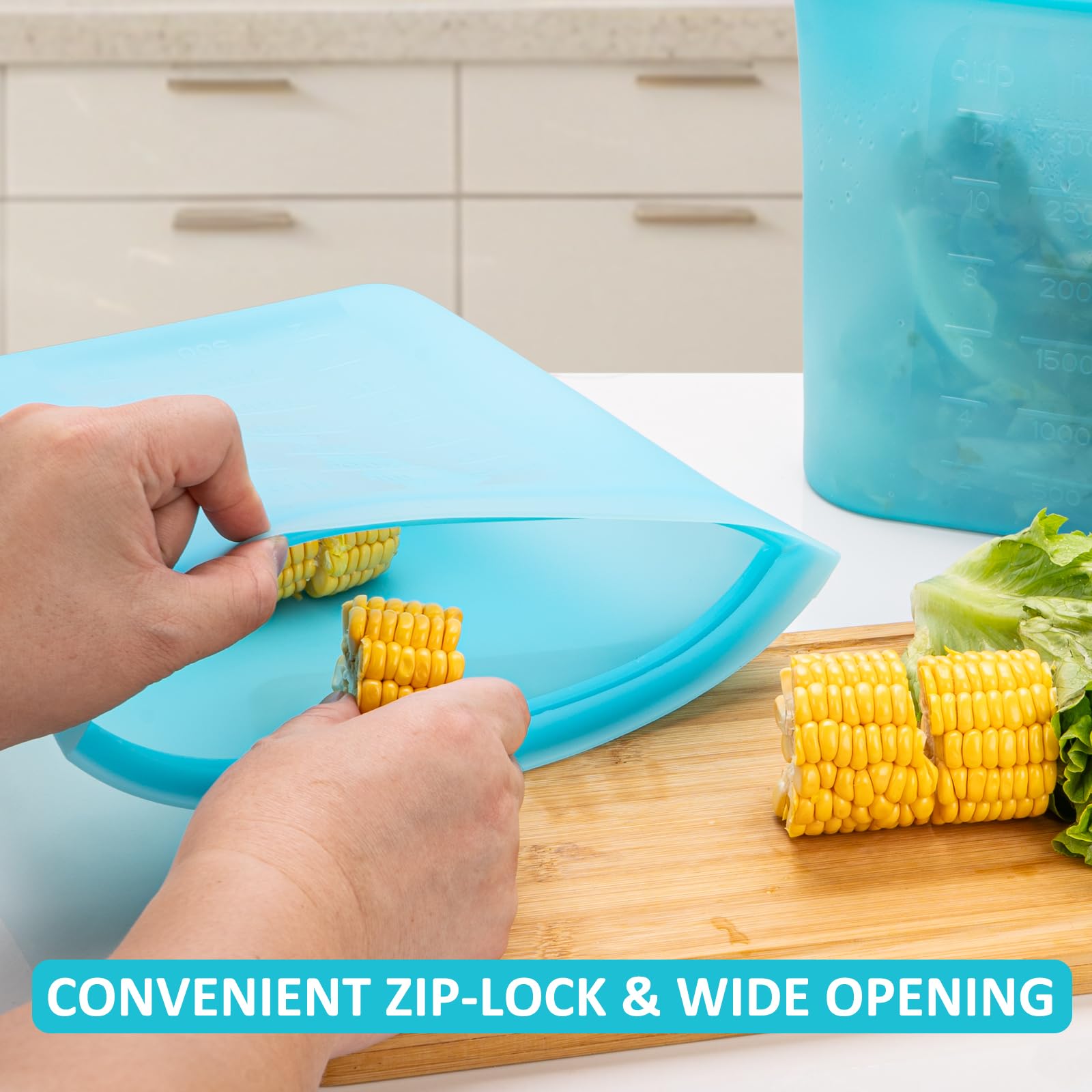 Annaklin wide-mouth zip-lock bags simplify filling and air removal.