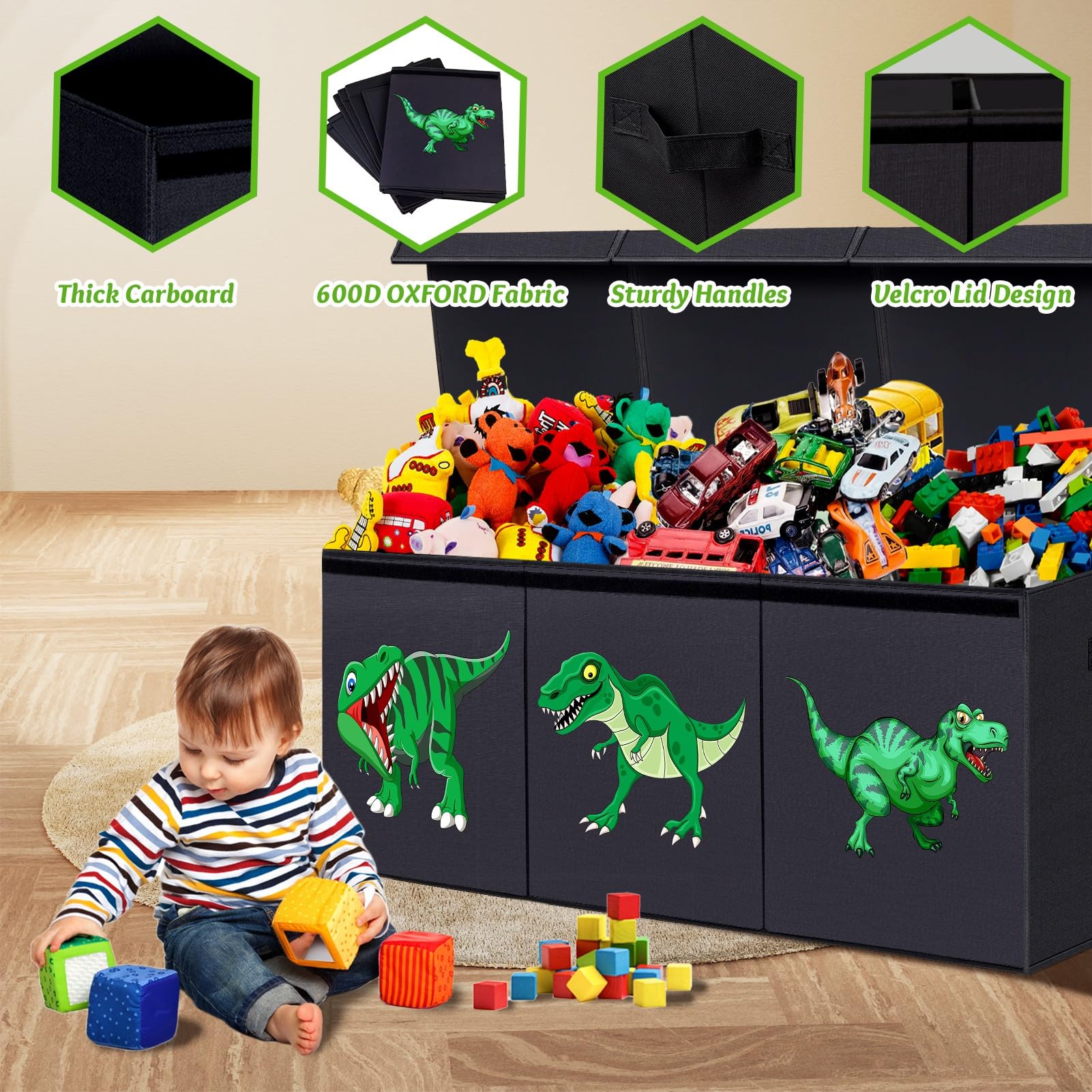 ANNKIE toy box full of toys demonstrating generous 155L capacity