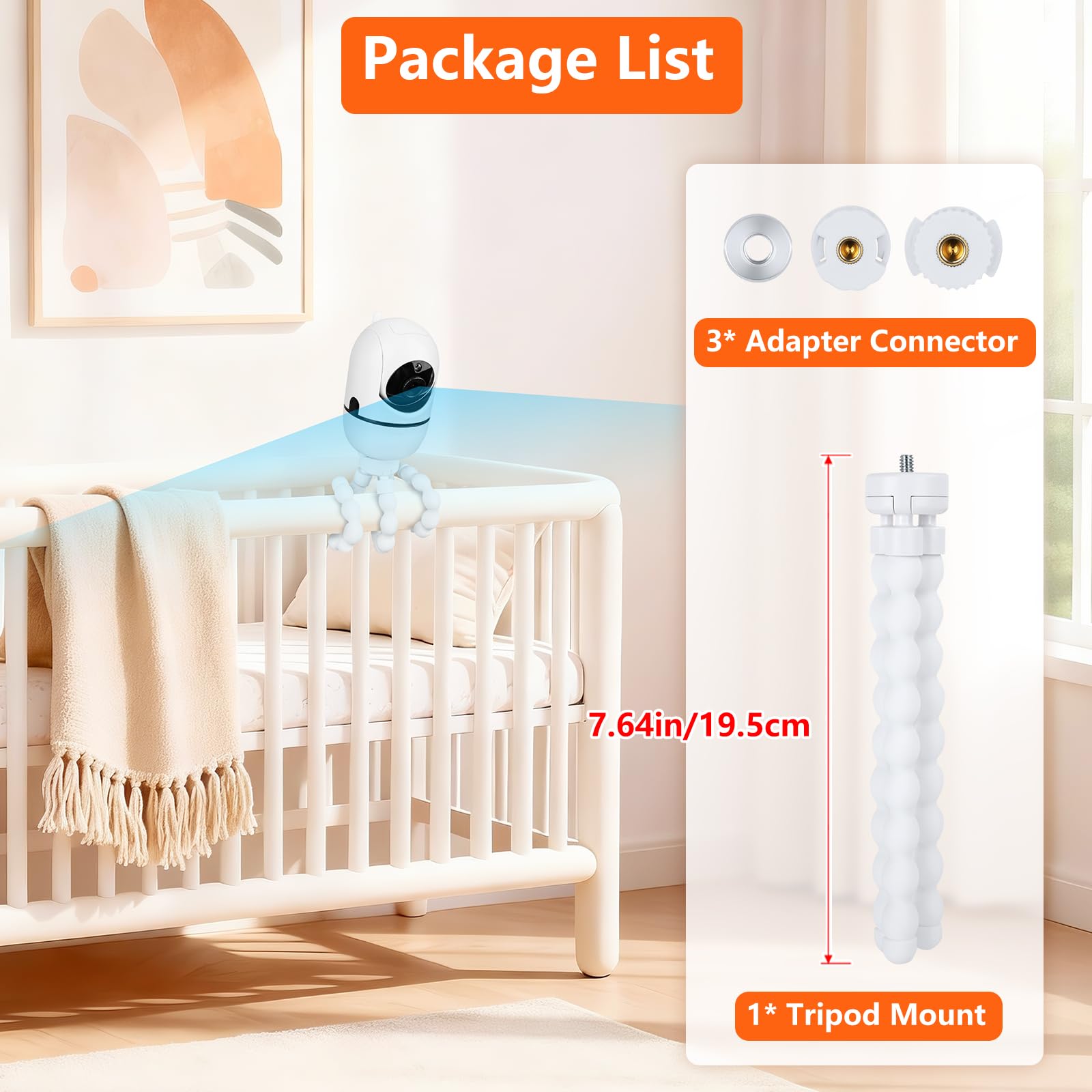 Annkoifu tripod baby monitor mount includes three adapters for flexible mounting.