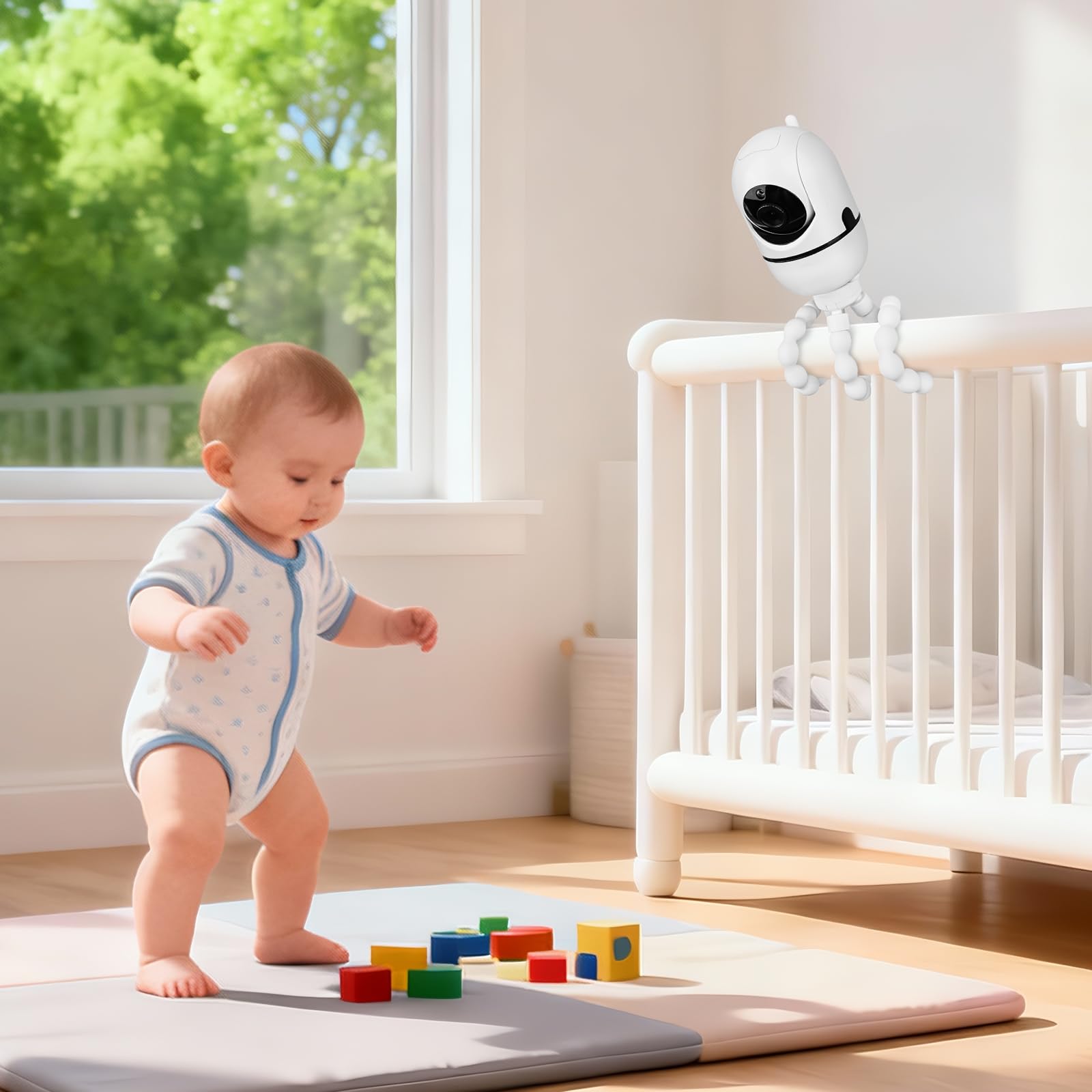 Annkoifu tripod baby monitor mount highlights silicone non-slip legs protecting furniture.