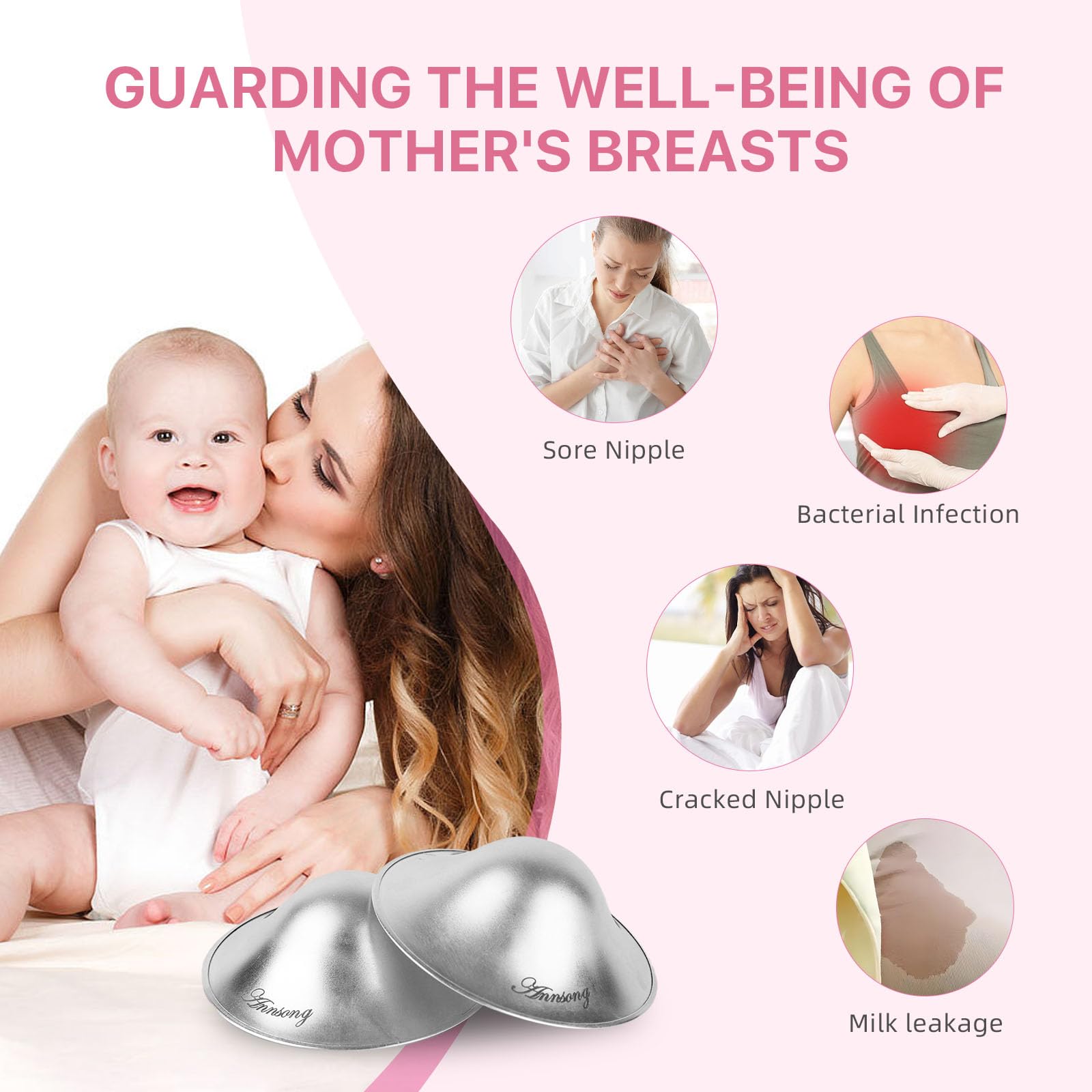 ANNSONG Silver Nursing Cups made from 925 sterling silver for safe mom-baby use.