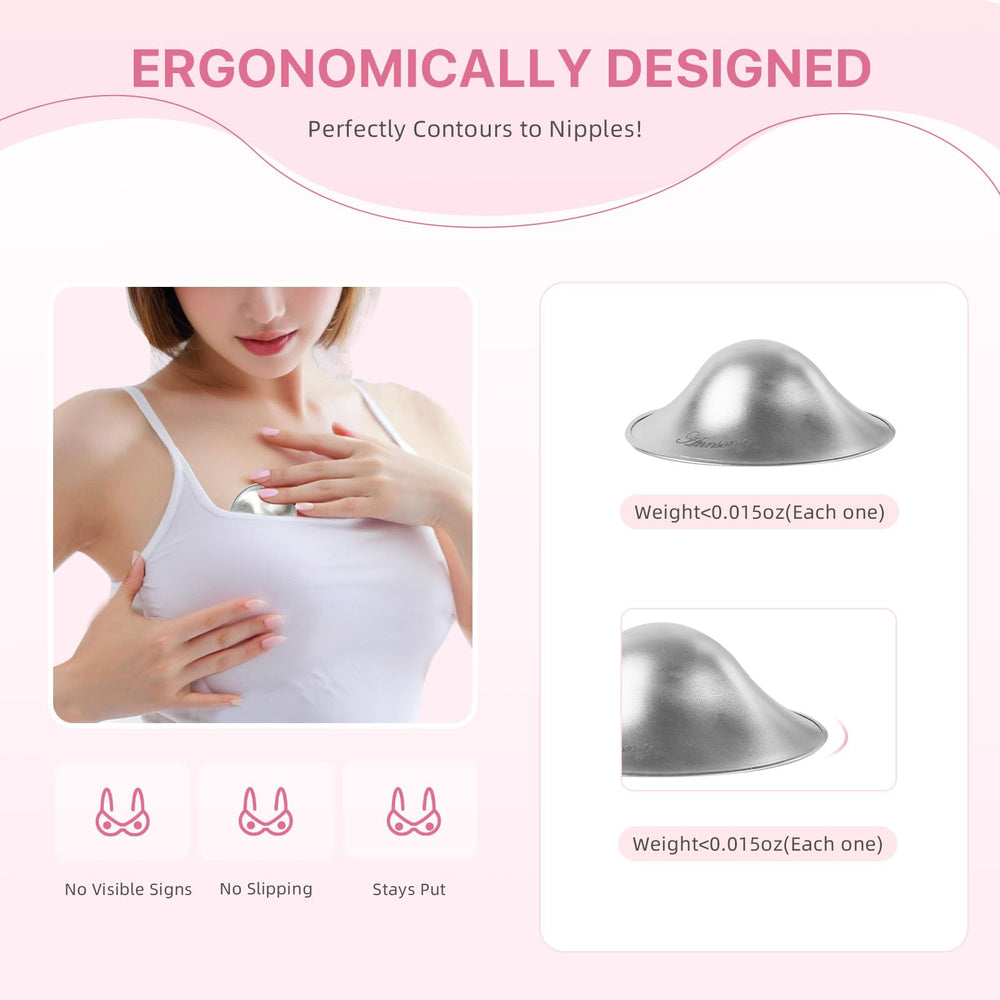 ANNSONG Silver Nursing Cups worn under a bra for discreet nipple protection.