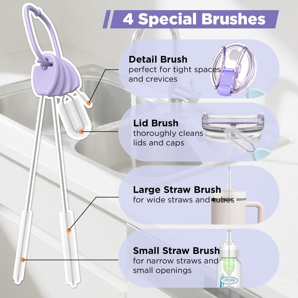 AnOis7ter spout-cleaner brush demonstrates efficient reach into lids and crevices.