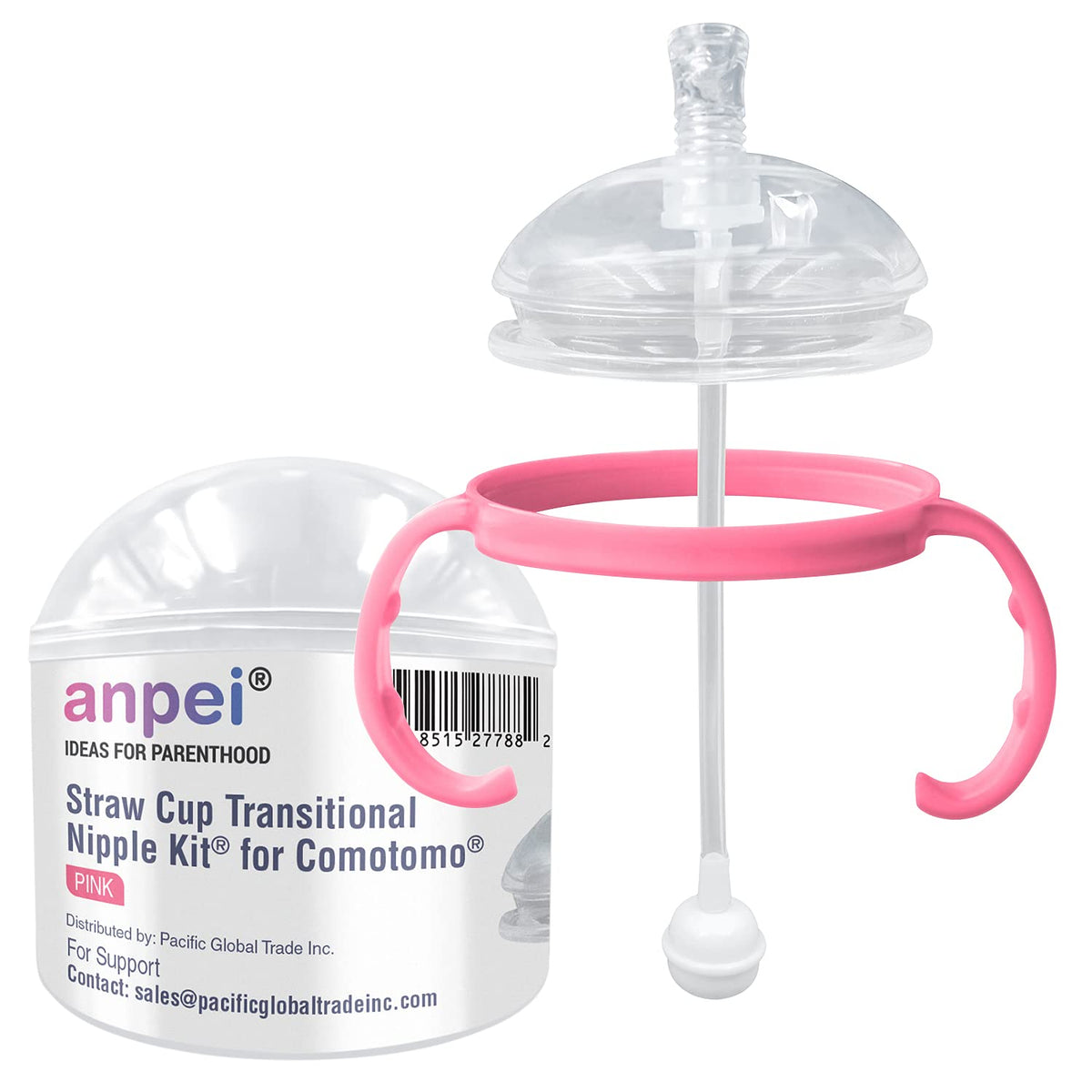 ANPEI straw sippy kit attached to Comotomo 5oz bottle for mess-free sipping