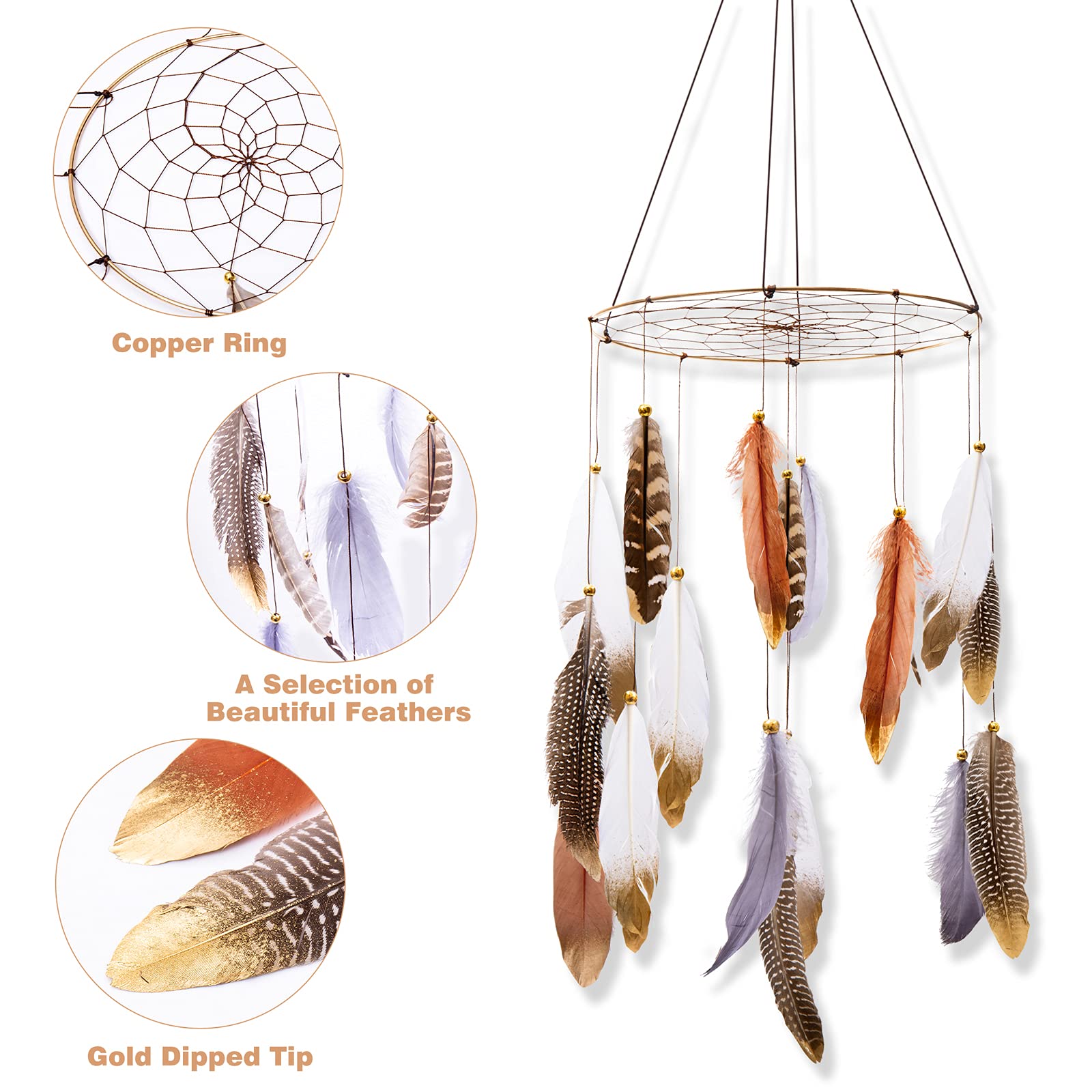 ANROYE Boho Feather Mobile dreamcatcher closeup showing feathers and beads for cozy crib ambience.