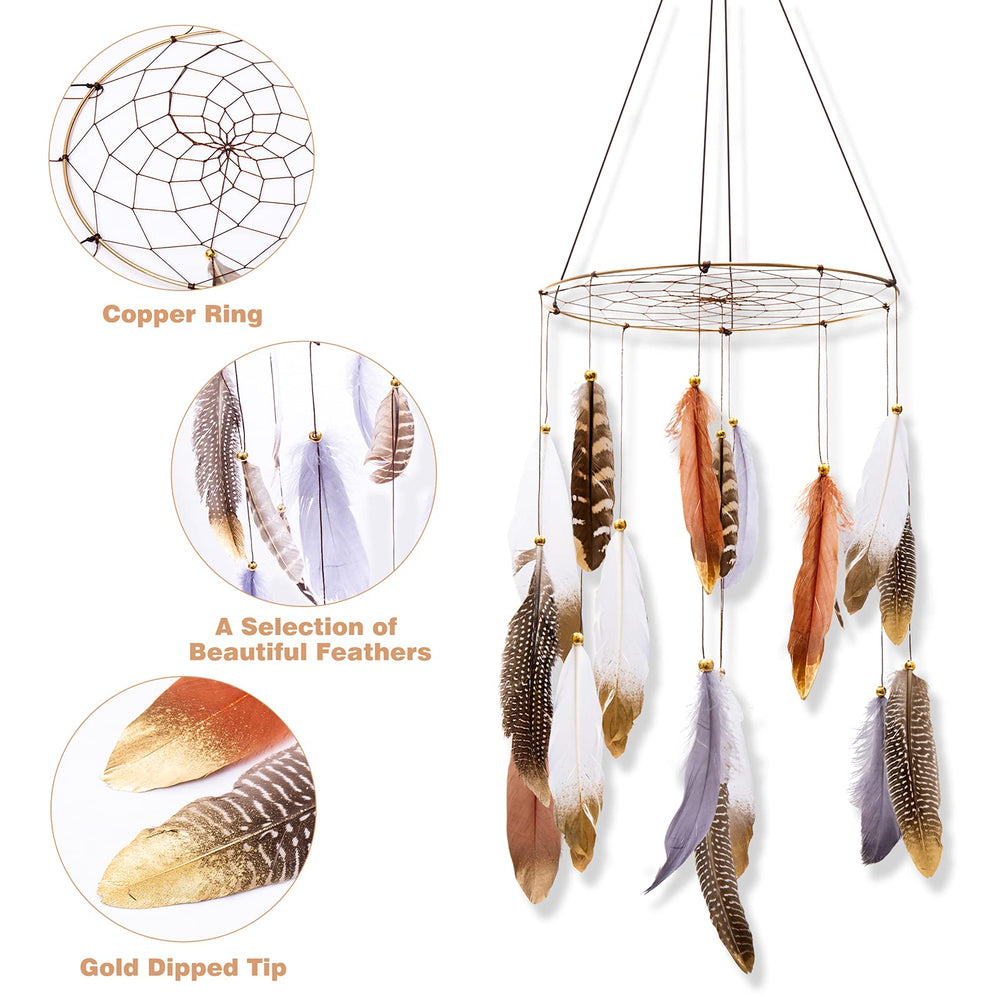 ANROYE Boho Feather Mobile dreamcatcher closeup showing feathers and beads for cozy crib ambience.