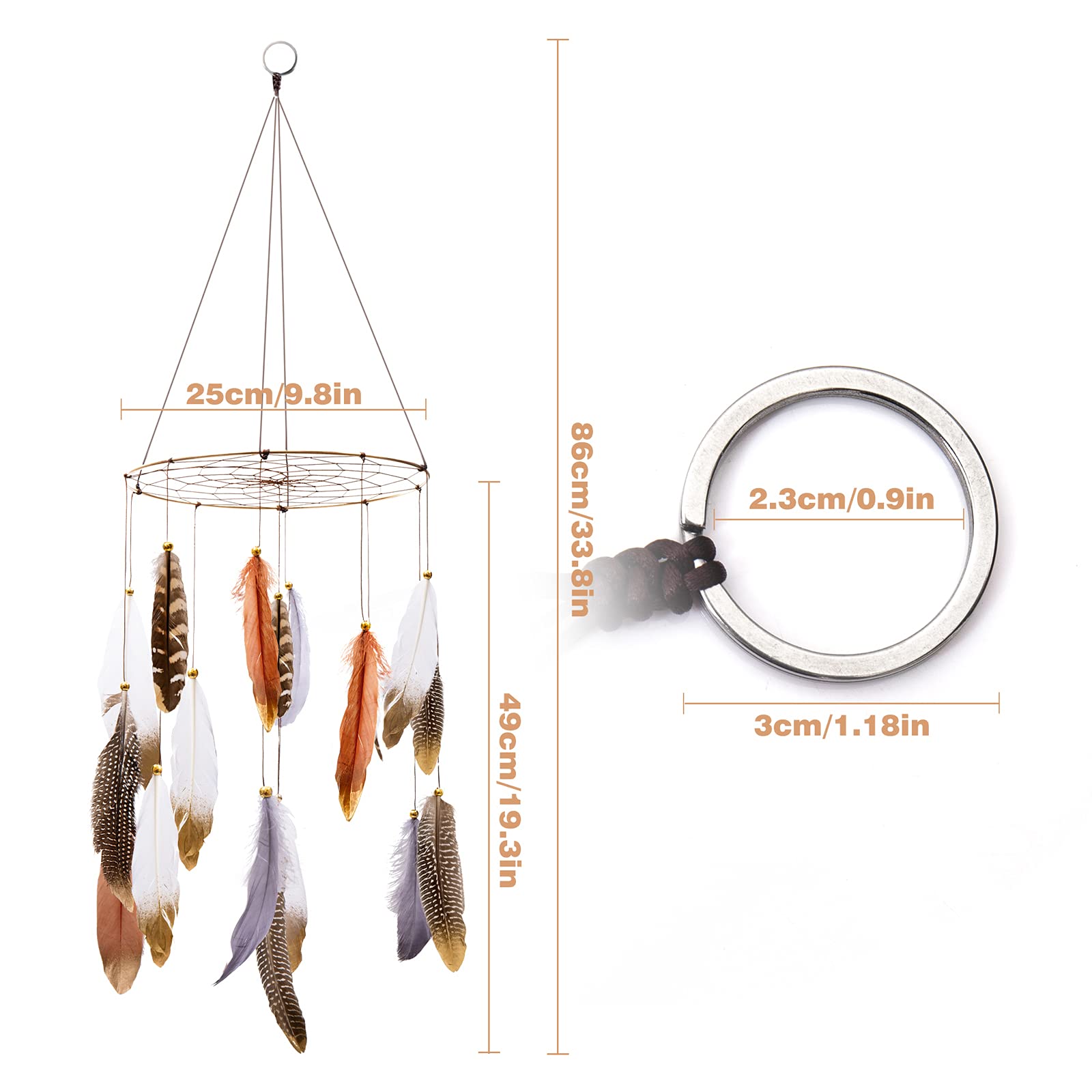 ANROYE Boho Feather Mobile natural feathers closeup highlighting gold-painted accents for luxe nursery detail.