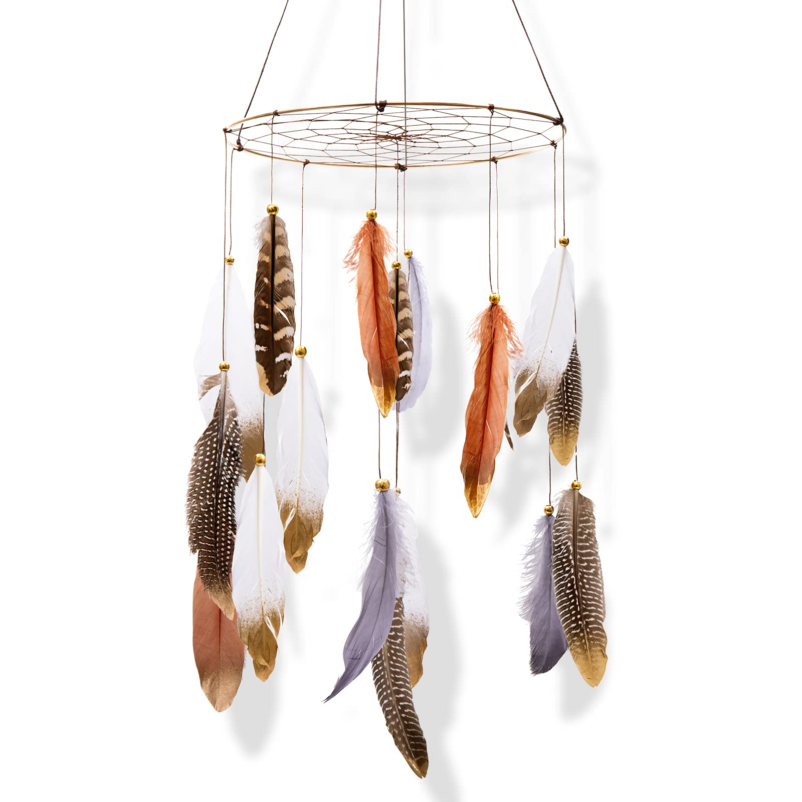 ANROYE Boho Feather Mobile hoop closeup with gold details for calming nursery ambiance.