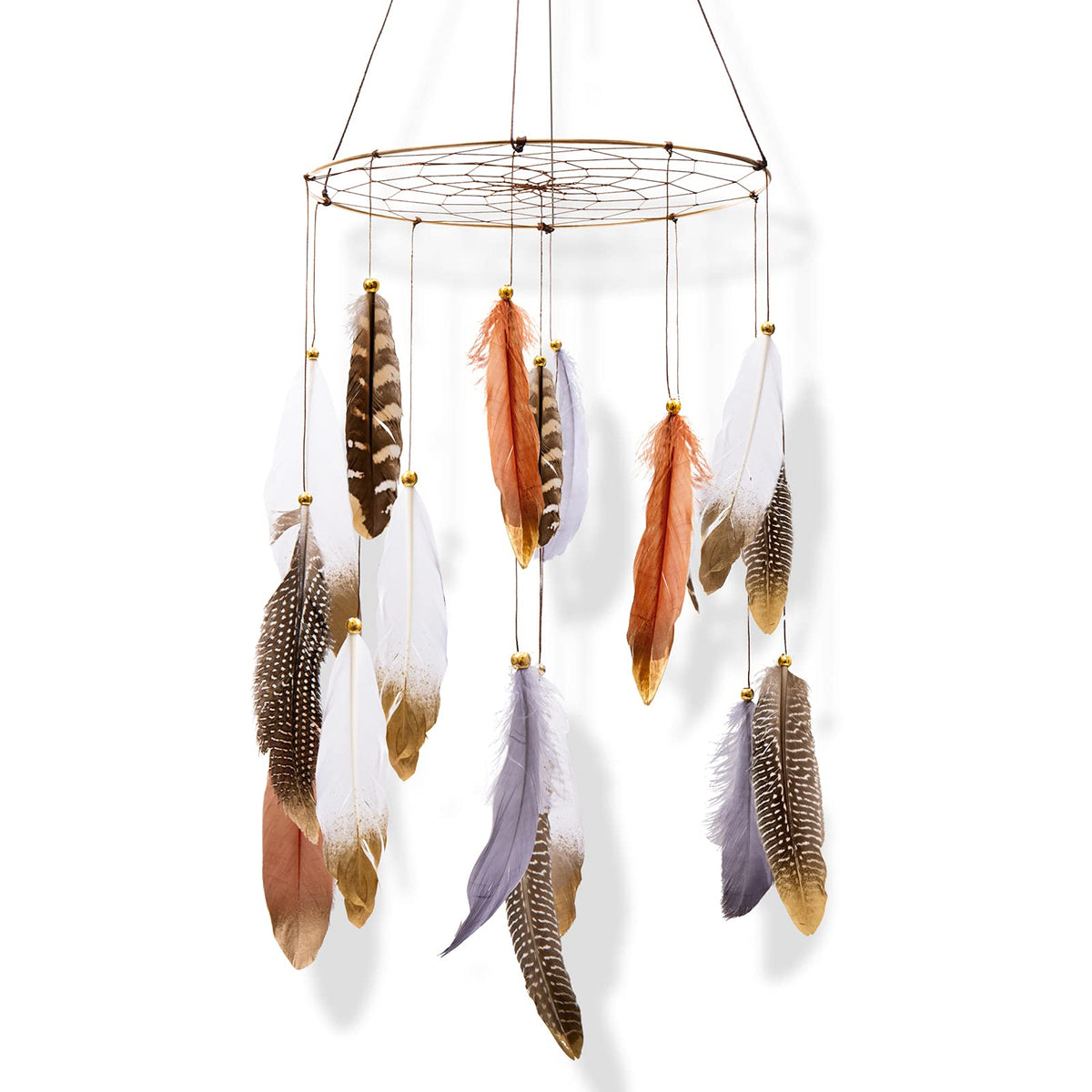 ANROYE Boho Feather Mobile hoop closeup with gold details for calming nursery ambiance.