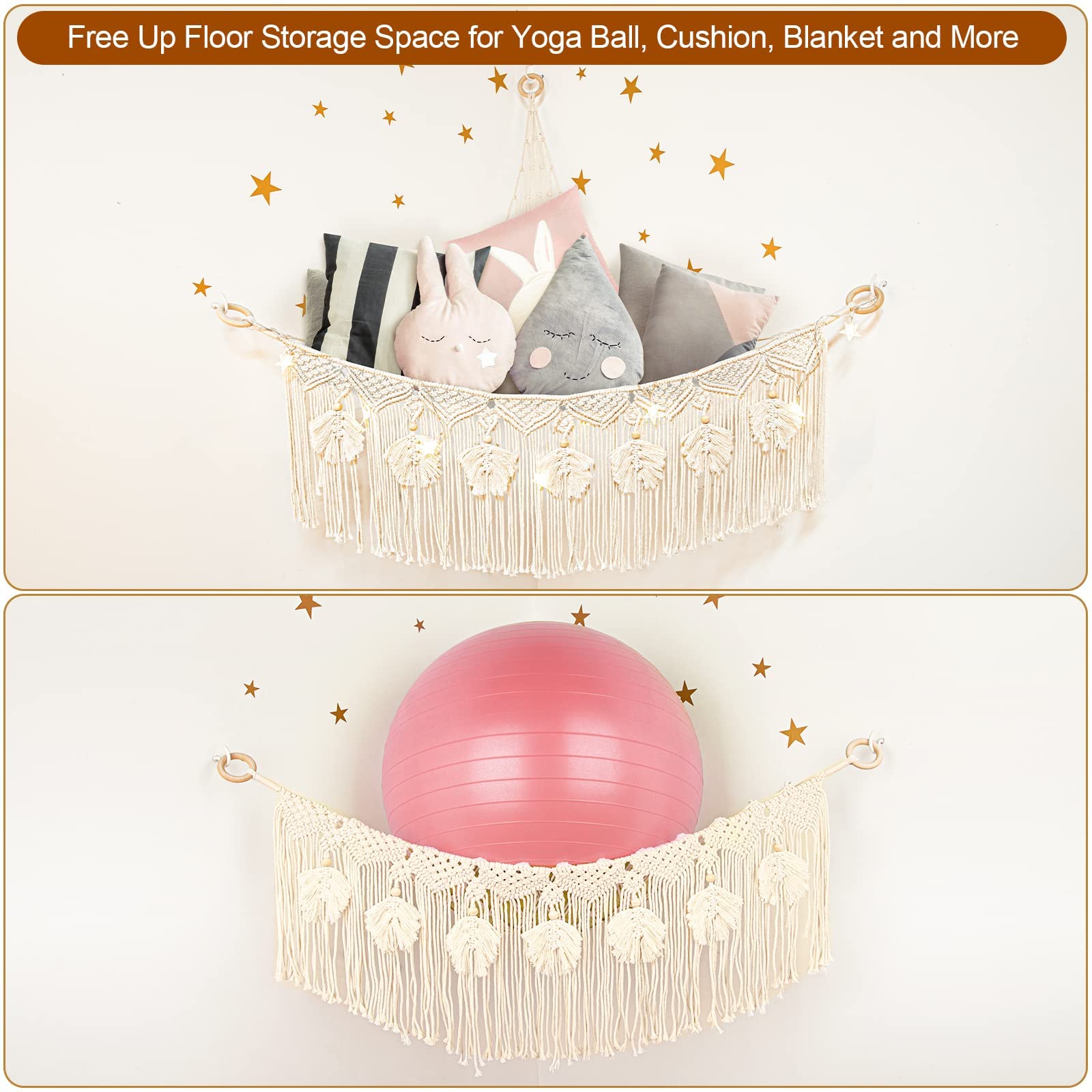 ANROYE boho storage display holds plushies and blankets in a clutter-free nook