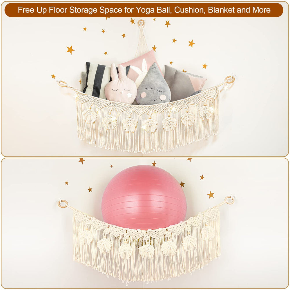 ANROYE boho storage display holds plushies and blankets in a clutter-free nook