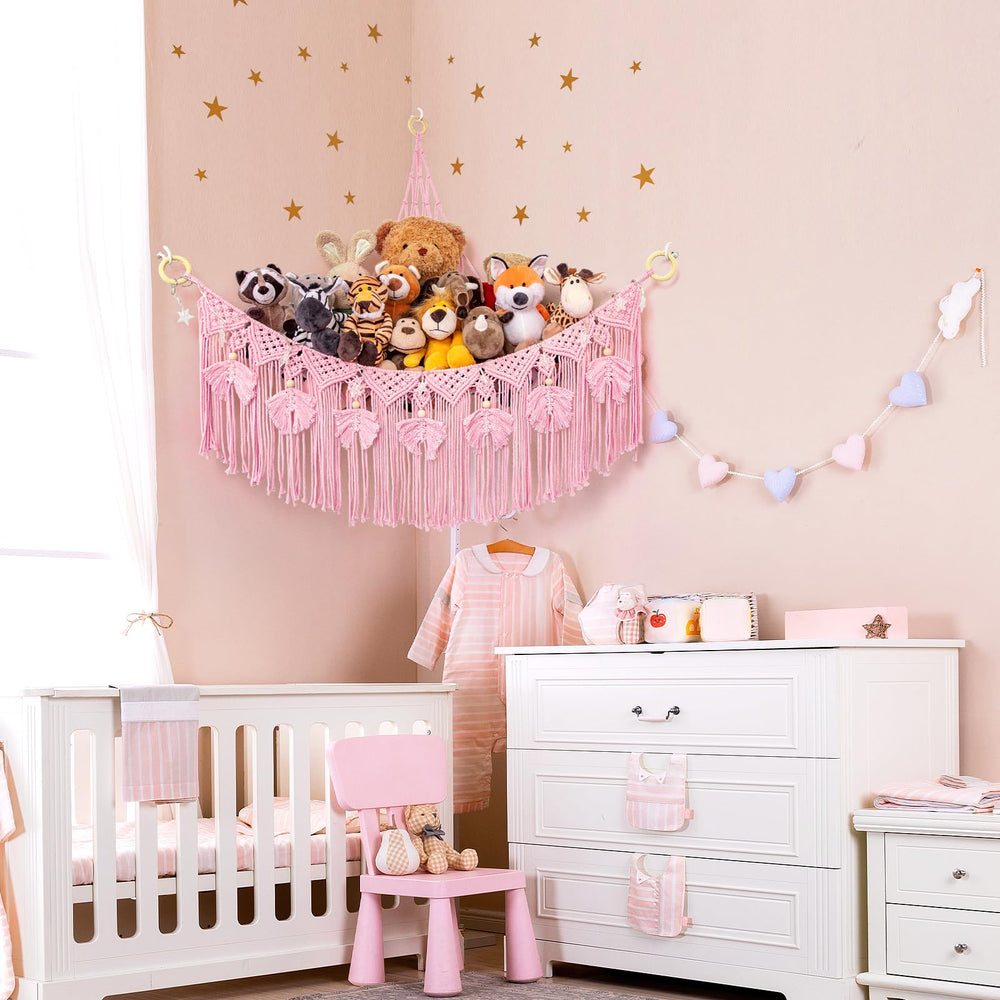 ANROYE Macrame hanging-mesh-detail with tassels and beads emphasizes decorative storage.