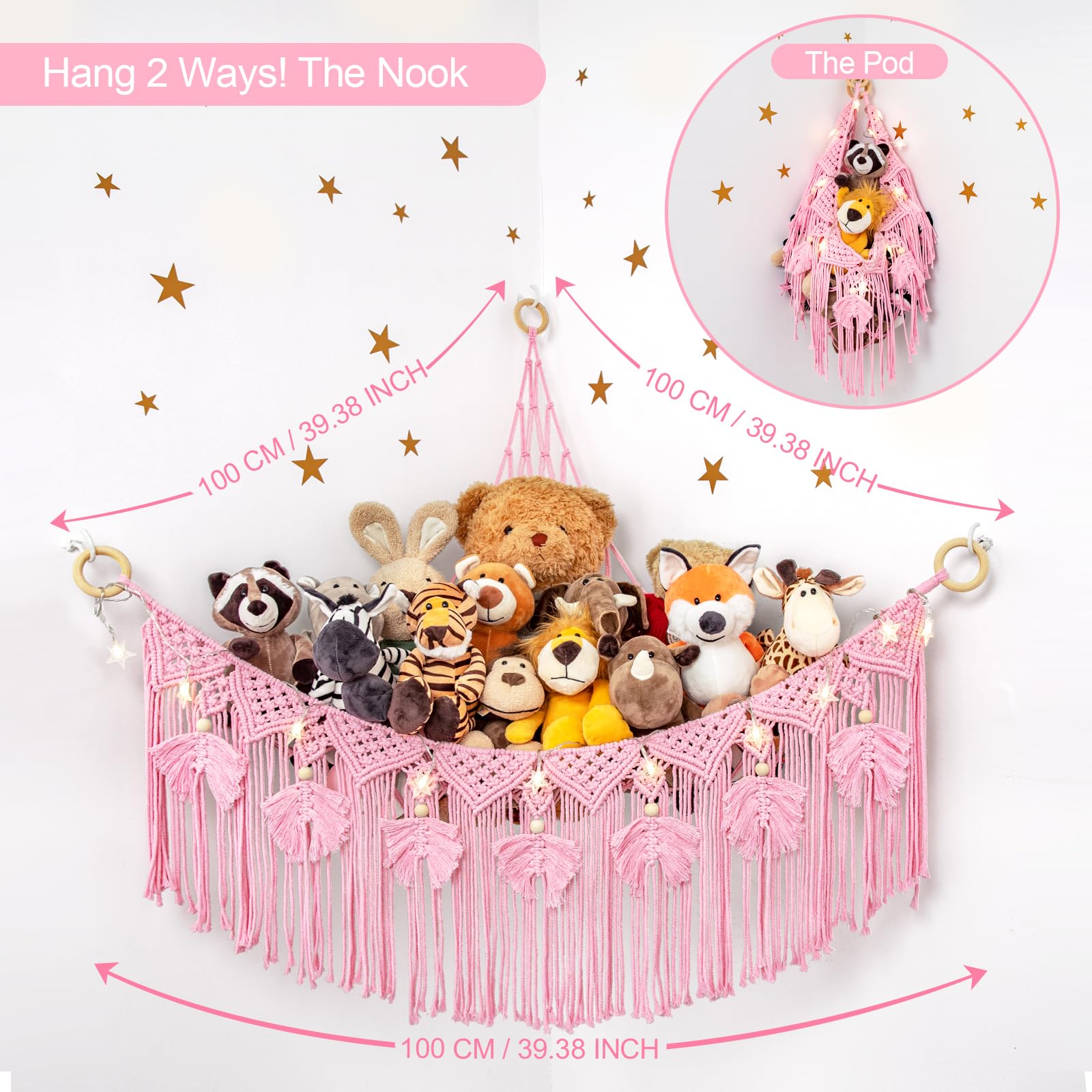 ANROYE Macrame storage idea adds wall art while organizing plush toys.