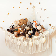 ANROYE macrame toy hammock close-up reveals intricate pattern for stylish nursery decor