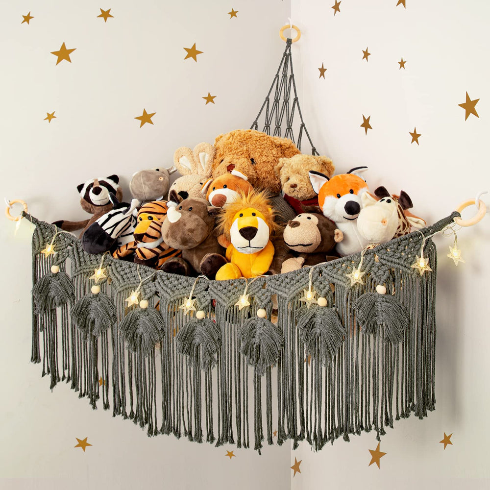 ANROYE macrame hammock star light displaying plushies neatly