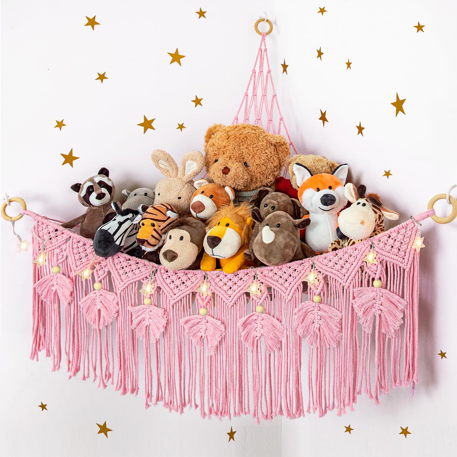ANROYE Macrame stuffed animal storage star-light bear pink hammock closeup highlighting a charming display.