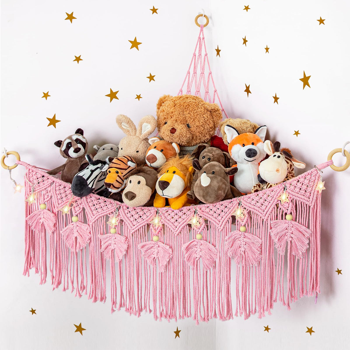ANROYE Macrame stuffed animal storage star-light bear pink hammock closeup highlighting a charming display.