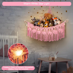 ANROYE Macrame stuffed animal storage corner-display closeup demonstrates space-saving cozy nursery decor.