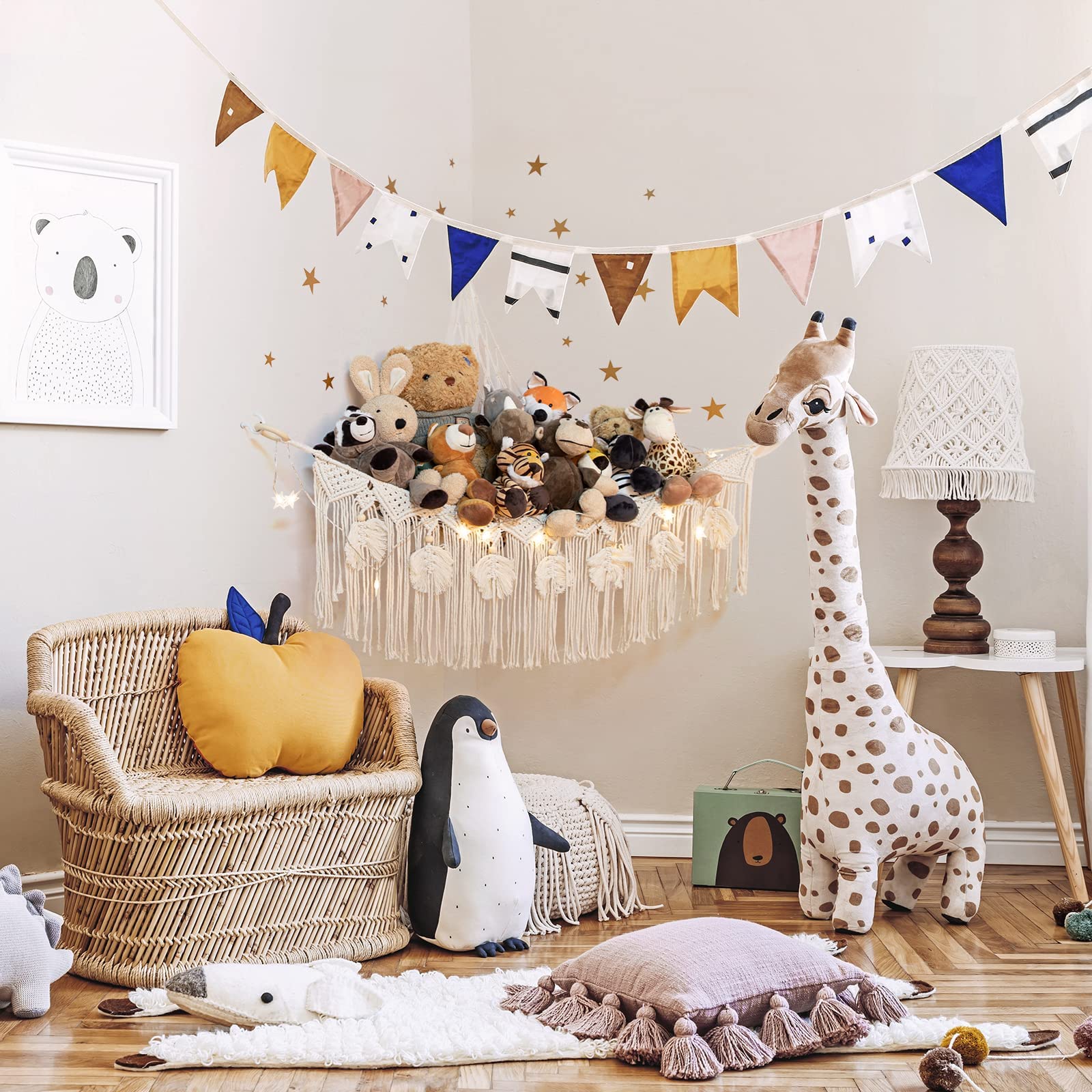 ANROYE macrame toy hammock edge tassels and beads emphasize charming playroom storage