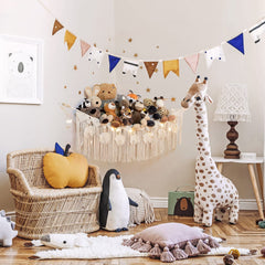 ANROYE macrame toy hammock edge tassels and beads emphasize charming playroom storage