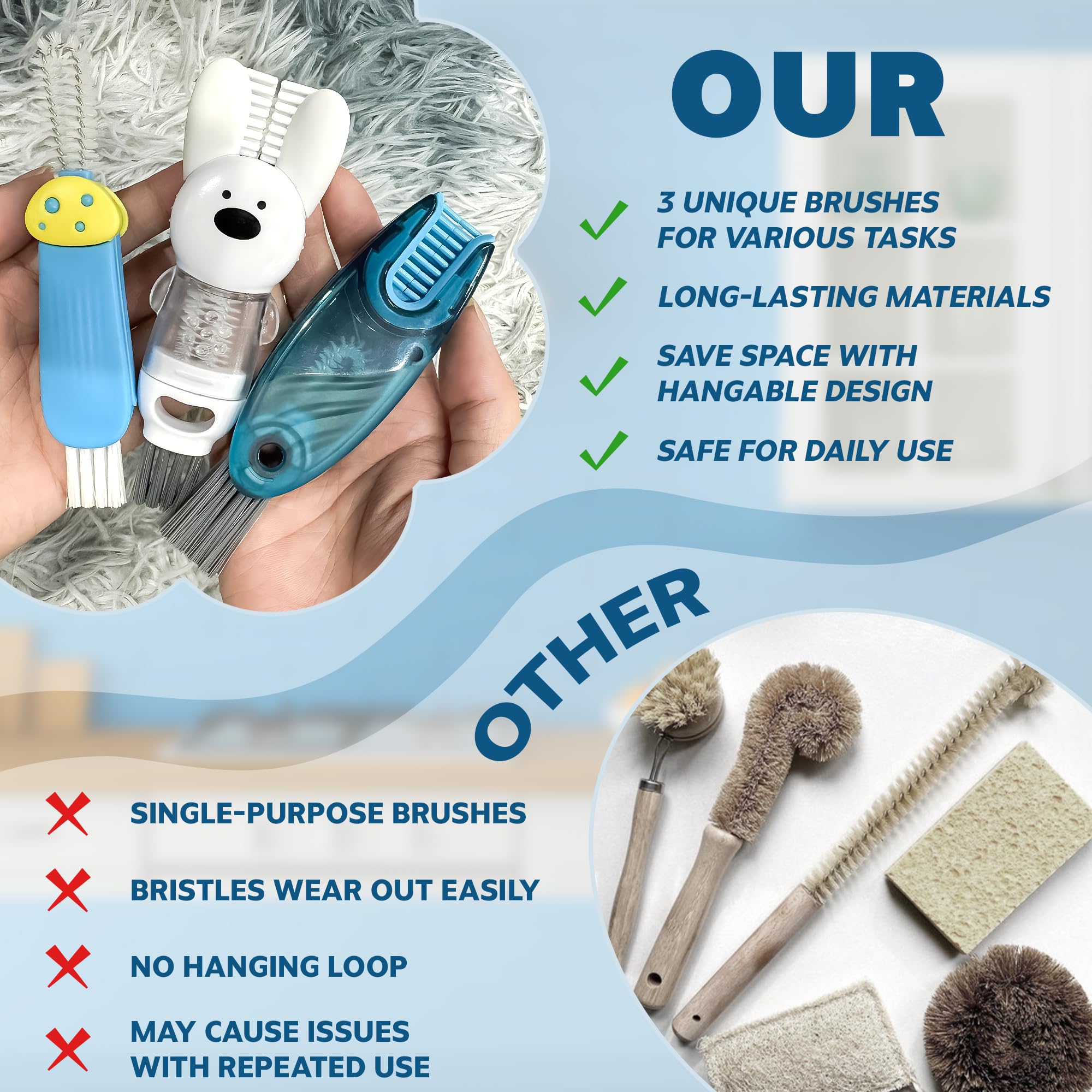 ANSOTHIN heat-resistant-silicone-bristles safeguard glass and plastic while cleaning.