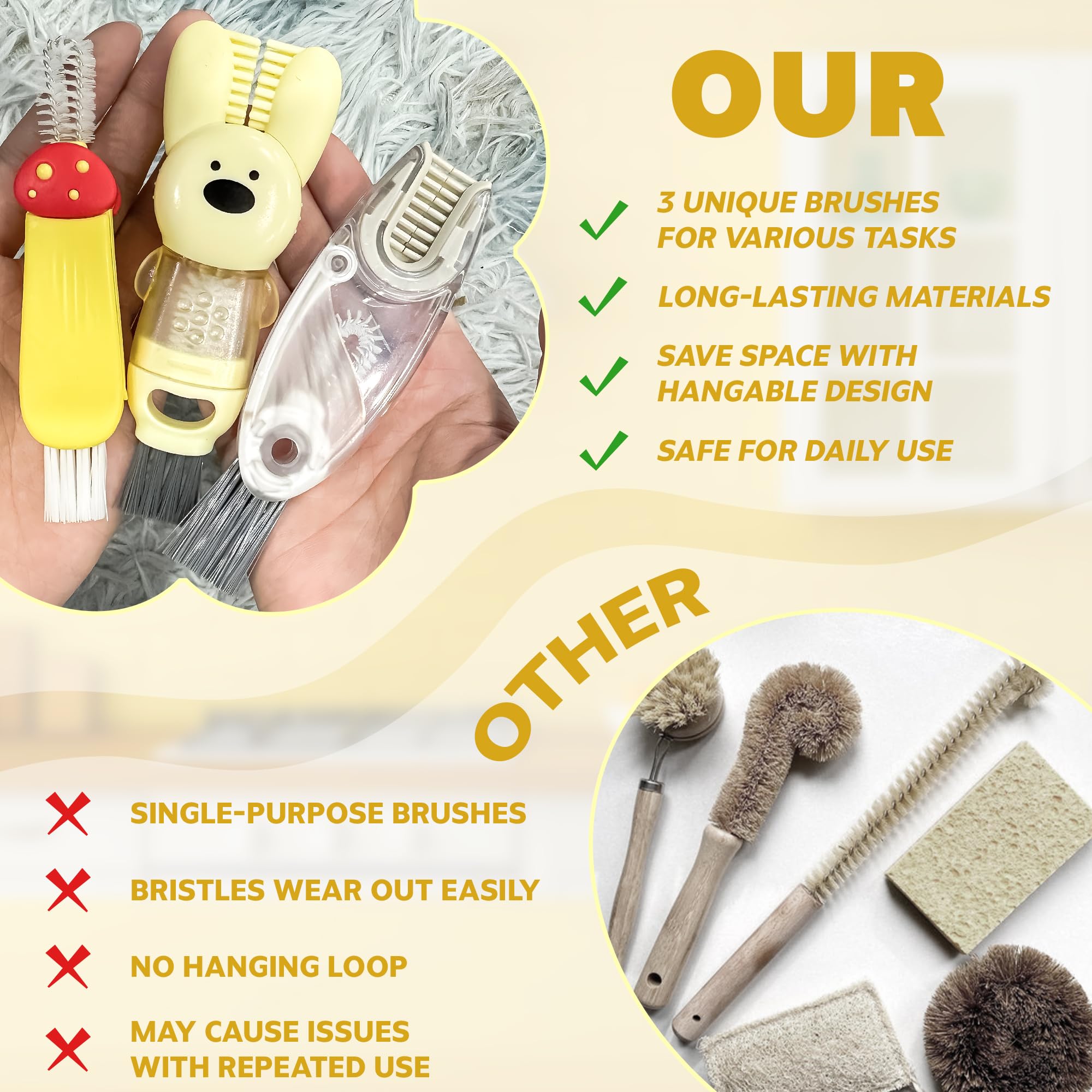 ANSOTHIN materials heat-resistant silicone and nylon bristles offer safe, scratch-free cleaning.