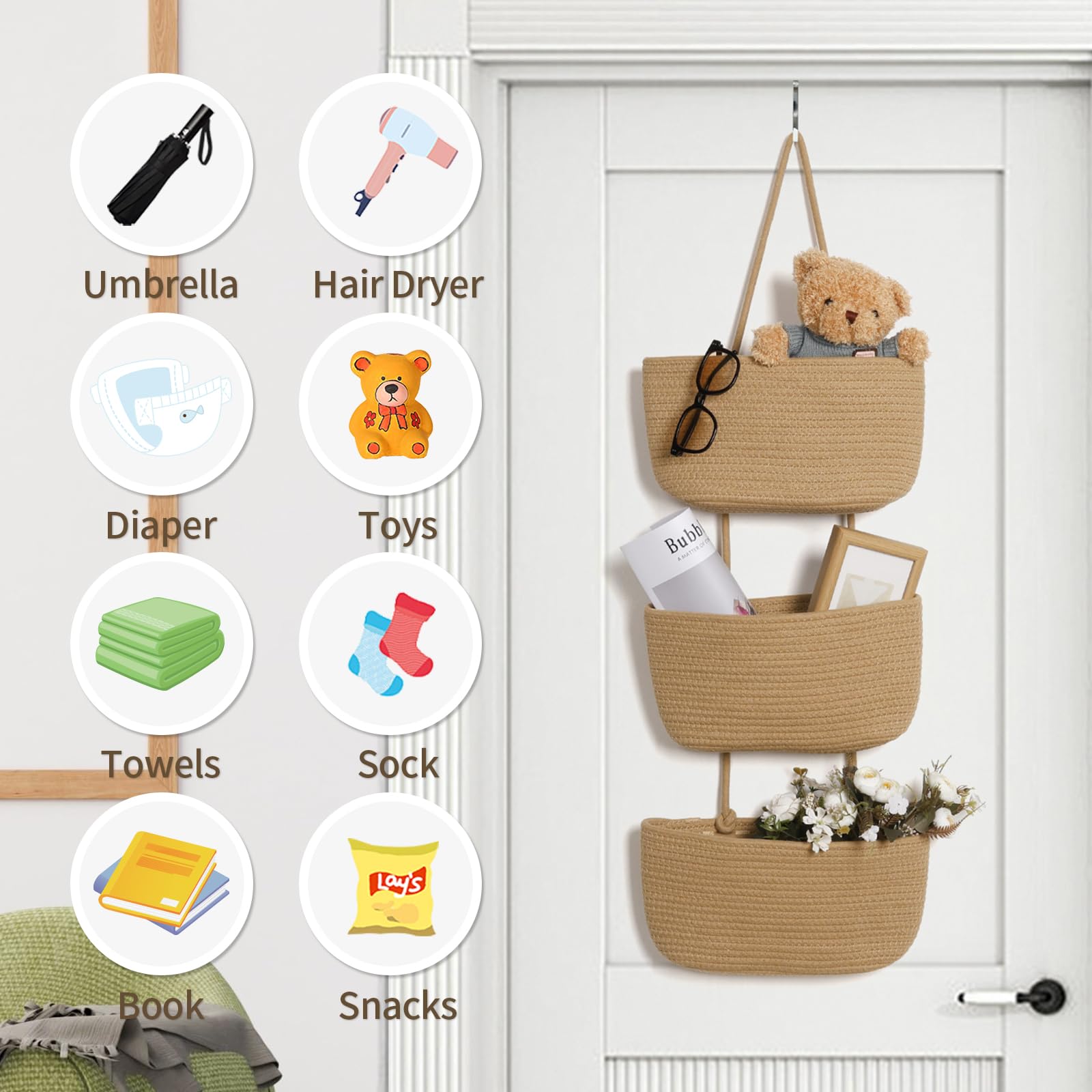 ANTIS'S HOME 3-tier-woven-cotton-storage-pockets for nursery organization